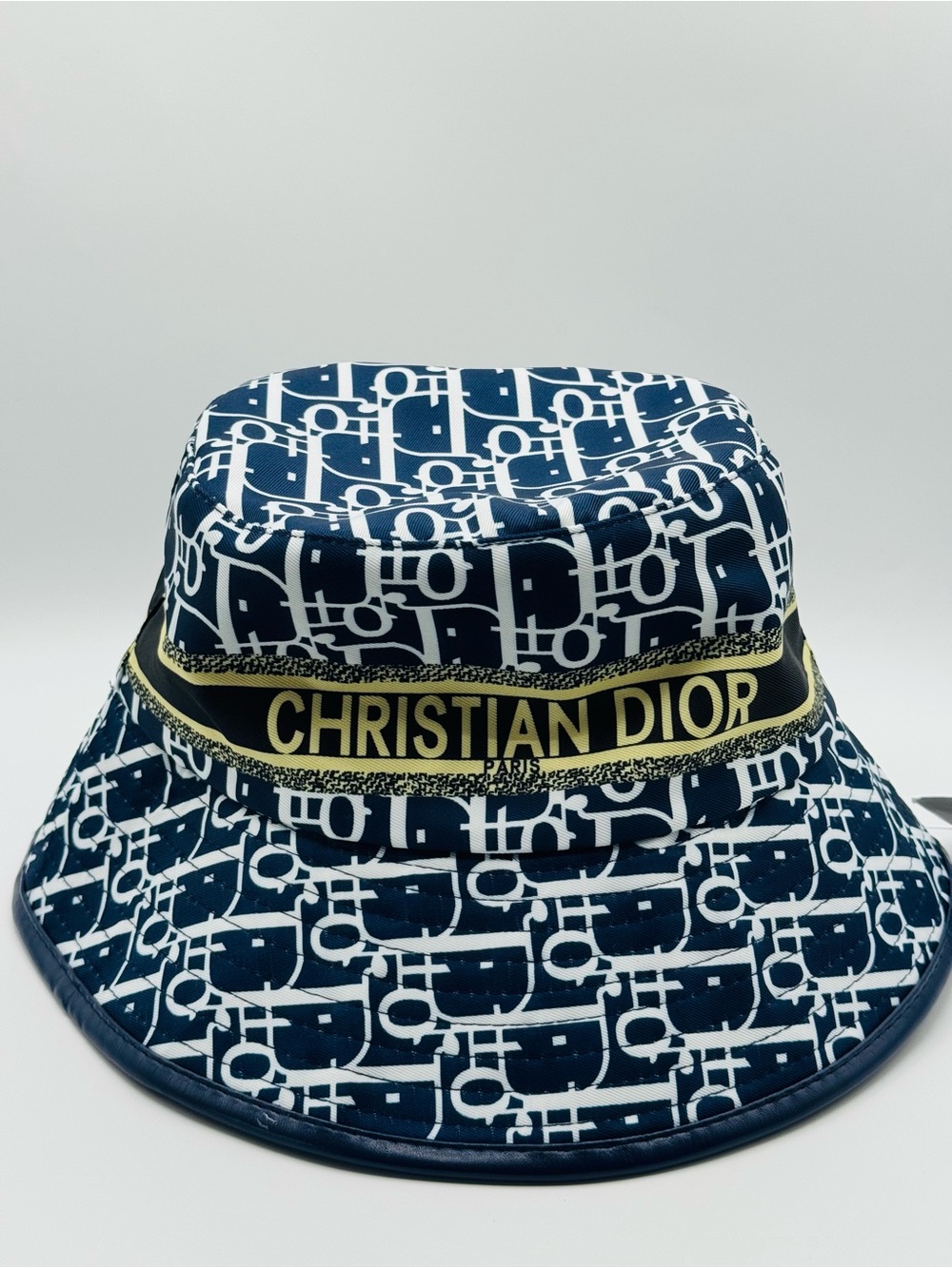 Dior Navy Blue White Logo Bucket Hat with Gold Band